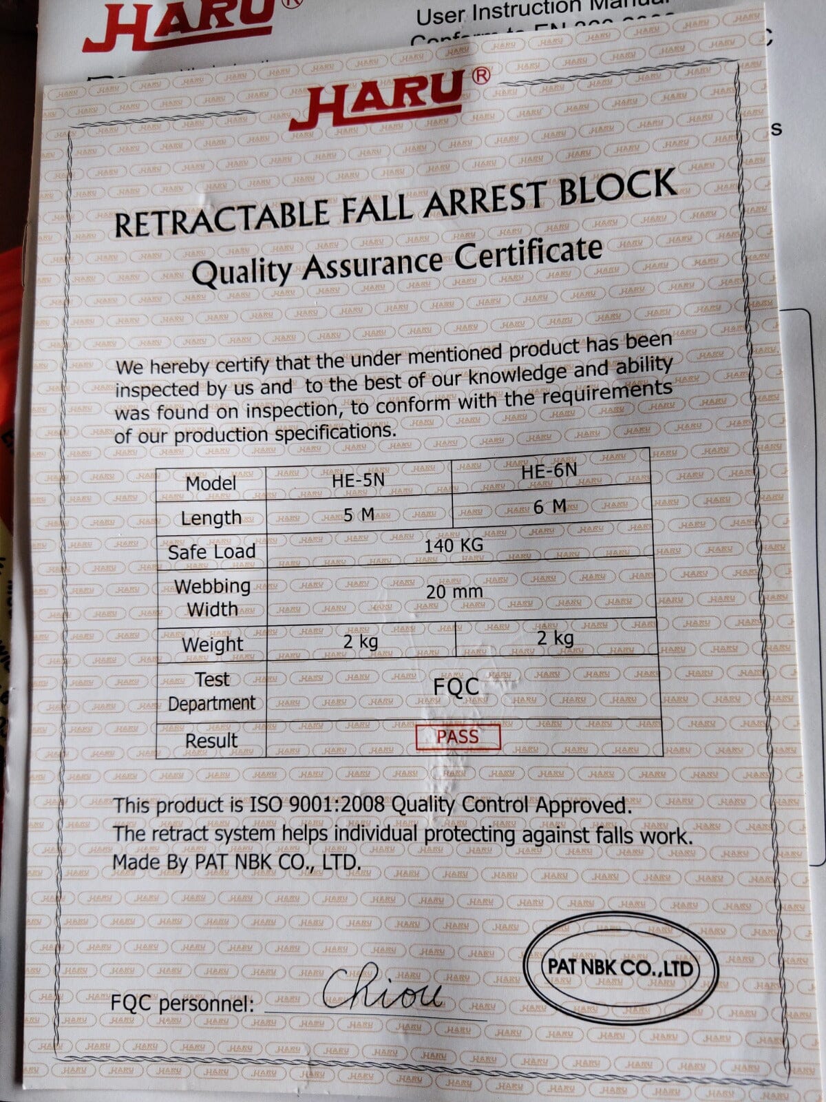 Haru Auto Fall Arrestor 6M Horizontal and Vertical (Retractable Lifeli