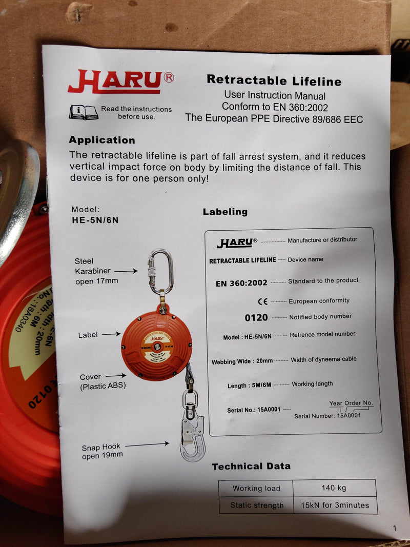 HARU Auto Fall Arrestor 6m (Retractable Lifeline EN360) | Model: SB3-HE06N Haru 