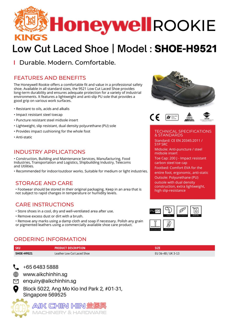Honeywell Impact Rookie Low Cut Laced Safety Shoe | Model : SHOE-H9521, UK Sizes : #5 (38) - #11 (46)