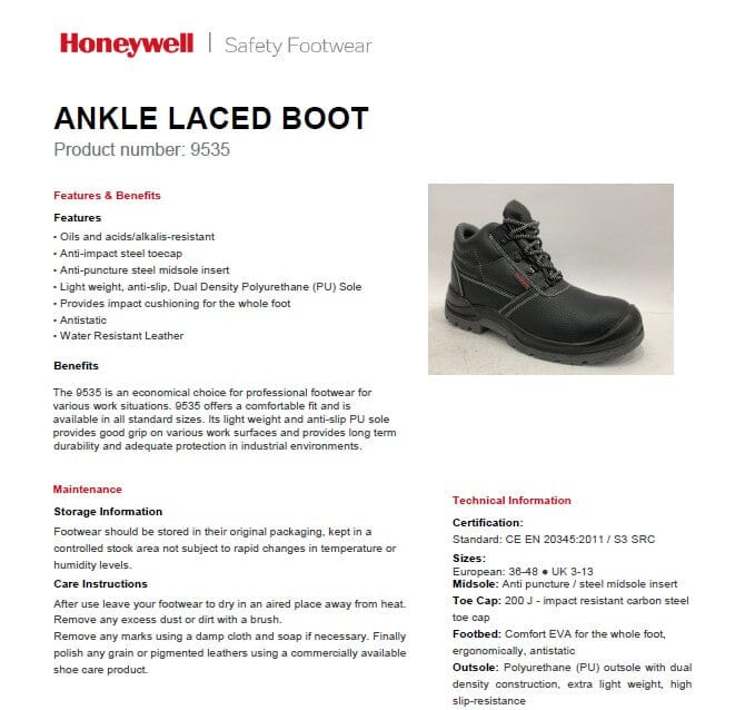 Honeywell S3 SRC Mid Cut Ankle Laced Safety Shoe | Model : SHOE-H9535, UK Sizes : #5 (38) - #12 (47)