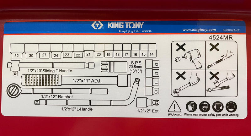 King Tony Socket Set 6p (10-32mm) 1/2" | Model : 4524MR Socket Set King Tony 