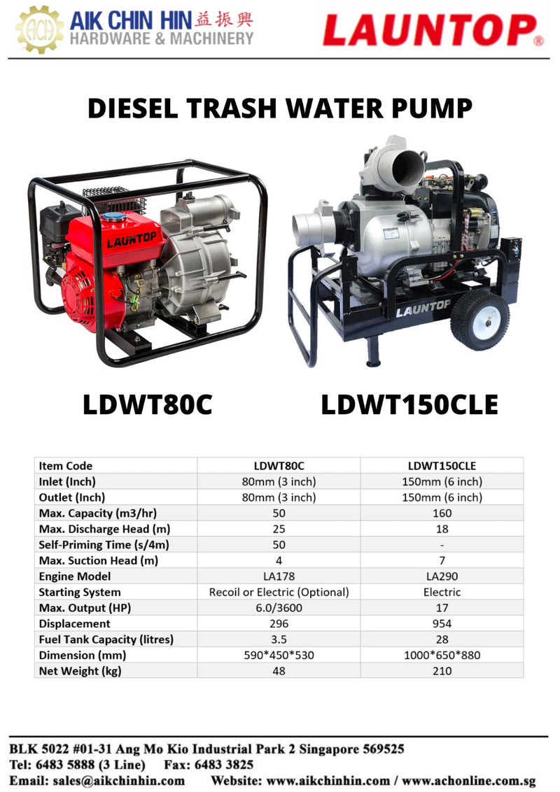 Launtop LDWT150CLE Diesel Trash Pump with 6" C/W La290 Diesel Engine | Model : LDWT150CLE Diesel Water Pump Launtop 