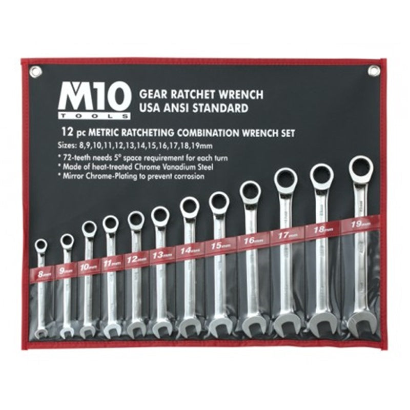 M10 Gear Ratchet Combination Wrench Set 12lr (12pcs) - 8mm To 19mm | Model : M10-005-054-712 Ratchet Combination Wrench M10 