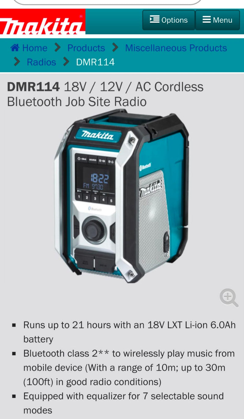 Makita 18V/12V AC Cordless Bluetooth Job Site Radio | Model : M-DMR114 MAKITA 