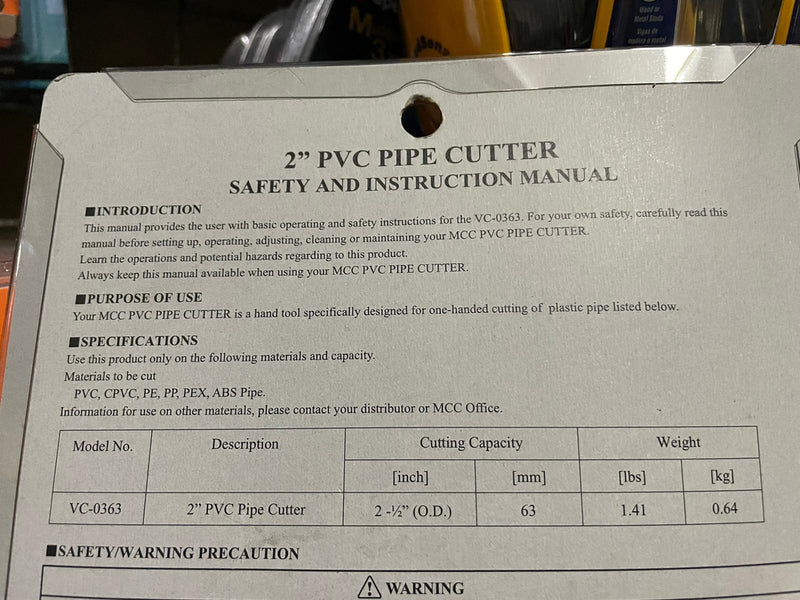 MCC VC-0363 2 PVC Pipe Cutter Quick Release