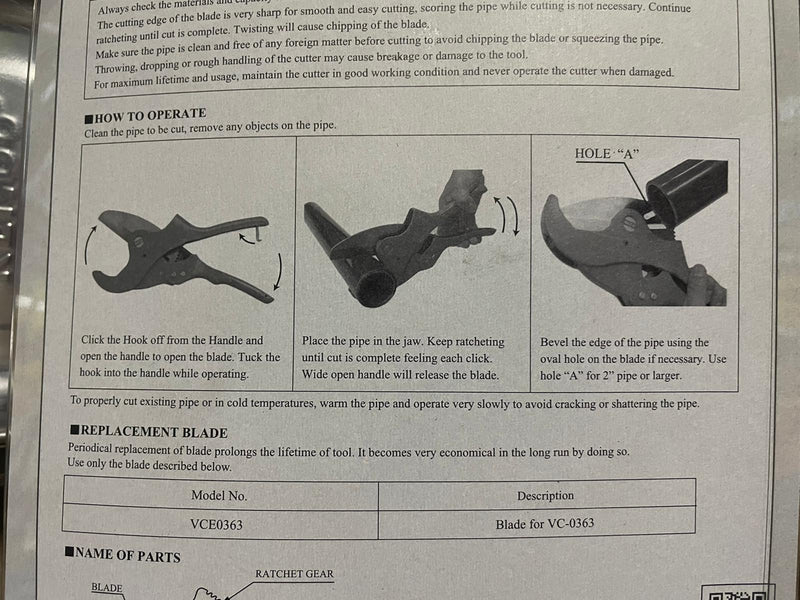 MCC 2" PVC Pipe Cutter | Model: MCC-VC-0363 PVC Pipe Cutter MCC 