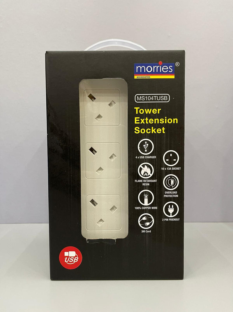 Morris Ms104 10-Way Tower Extn Socket + 4 Usb Port With Safety Mark | Model : ESK-MS104 Extension Socket Morris 