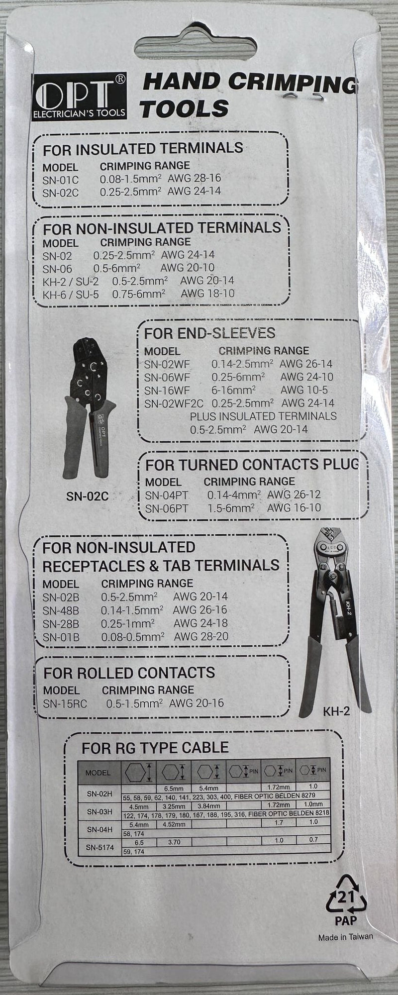 OPT Crimping Tool For End Sleeve (6-16mm² AWG 10-5) | Model : SN16WF Hand Crimping Tool OPT 