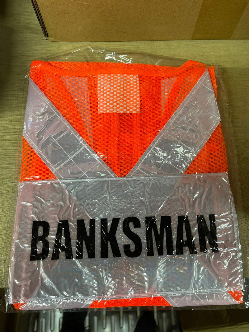 Red Safety Vest with words at back | Wording : Banksman, Fire Watchman, Lifting Supervisor, Rigger/Signal man, Security, Signal man, Traffic Controller Safety Vest Aiko Banksman 