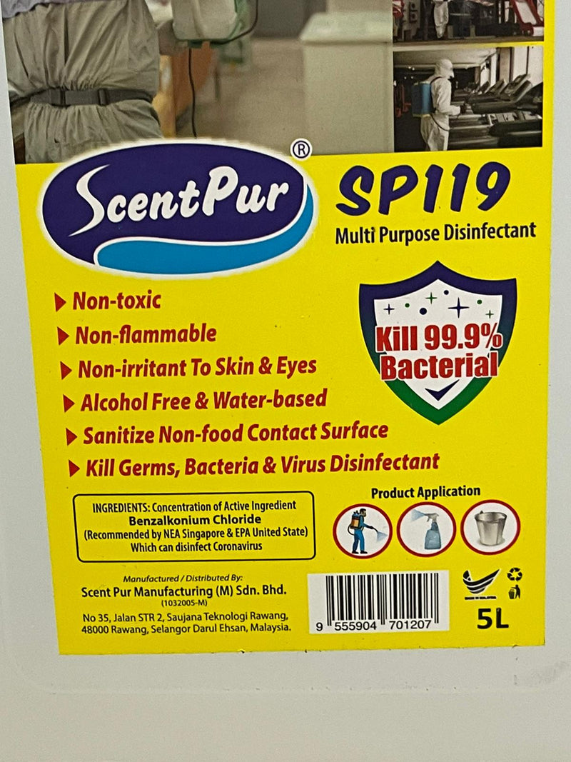 SCENTPUR SP119 ALCOHOL FREE SANITIZER 5L (FOR ROOM AND FACTORY SPRAYER USE) | Model: HS3-SP119 Multi Purpose Disinfectant ScentPur 