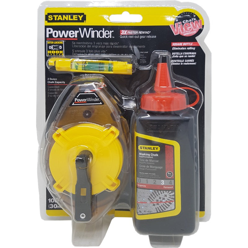 Stanley Power Winder With Red Chalk And Line Level 30m /100 Ft | Model : 47-465 Power Winder Stanley 