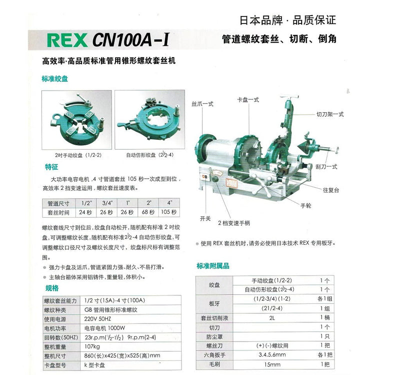 SZ-REX 1/2- 4" Threading Machine CN100A-II | Model: TM-CN100A-II Threading Machine SZ-Rex 