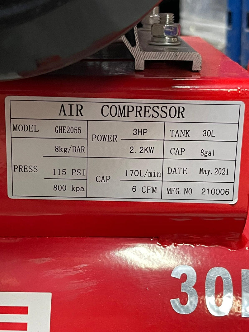 Tiger 3Hp 30L 220V Belt Type Air Compressor | Model : GHE2055-30 Air Compressor TIGER 