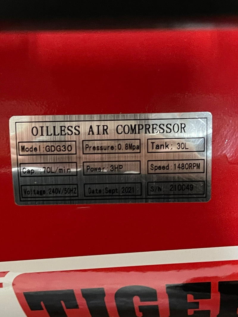 Tiger 3HP 30L 220V Oil Free & Silent Air Compressor (Export Only) | Model : GDG30-RED Air Compressor TIGER 