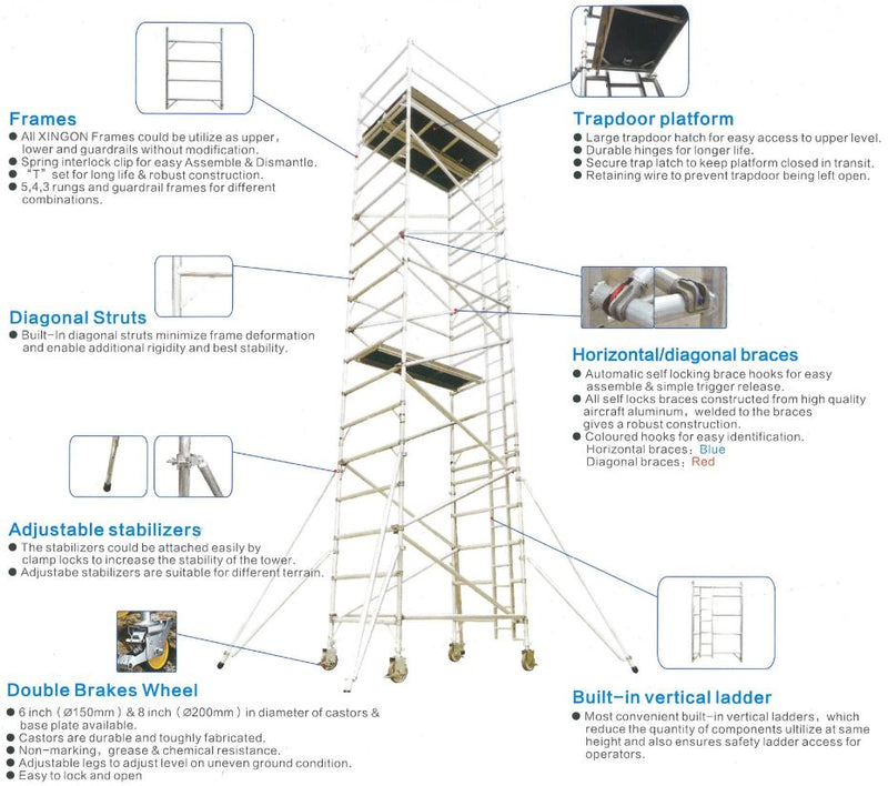 XG Aluminium 6.3m Stand Platform Height Scaffolding Single Width Ladder Tower | Model : L-XG178S-6.3M Scaffolding XG 