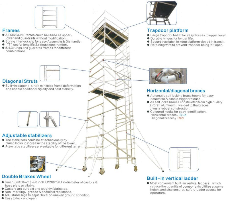 XG Aluminum 4.5m Stand Platform Height Scaffolding Double Width Ladder Tower | Model : L-XG178SW-4.5M Scaffolding XG 